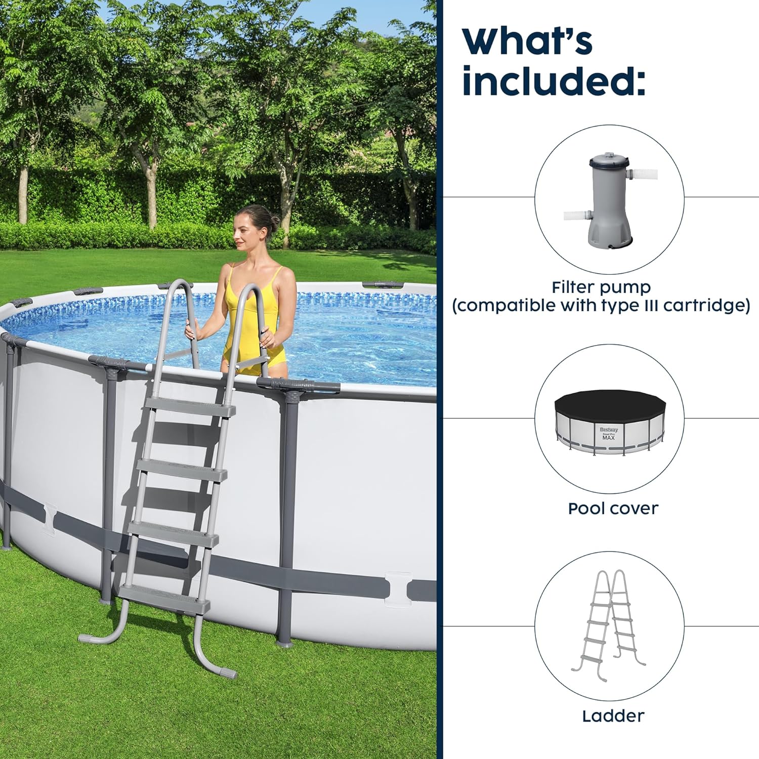 Steel Pro MAX Round Metal Frame above Ground Outdoor Swimming Pool Set with 1,000 Filter Pump, Ladder, and Cover, Gray