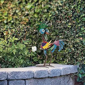 Indoor/Outdoor Wild Tropical Metal Rooster Yard Statue Decoration, Multicolor