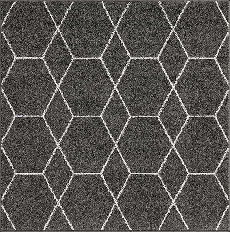 Trellis Frieze Collection Area Rug - Geometric (4' Square, Dark Gray/ Ivory)