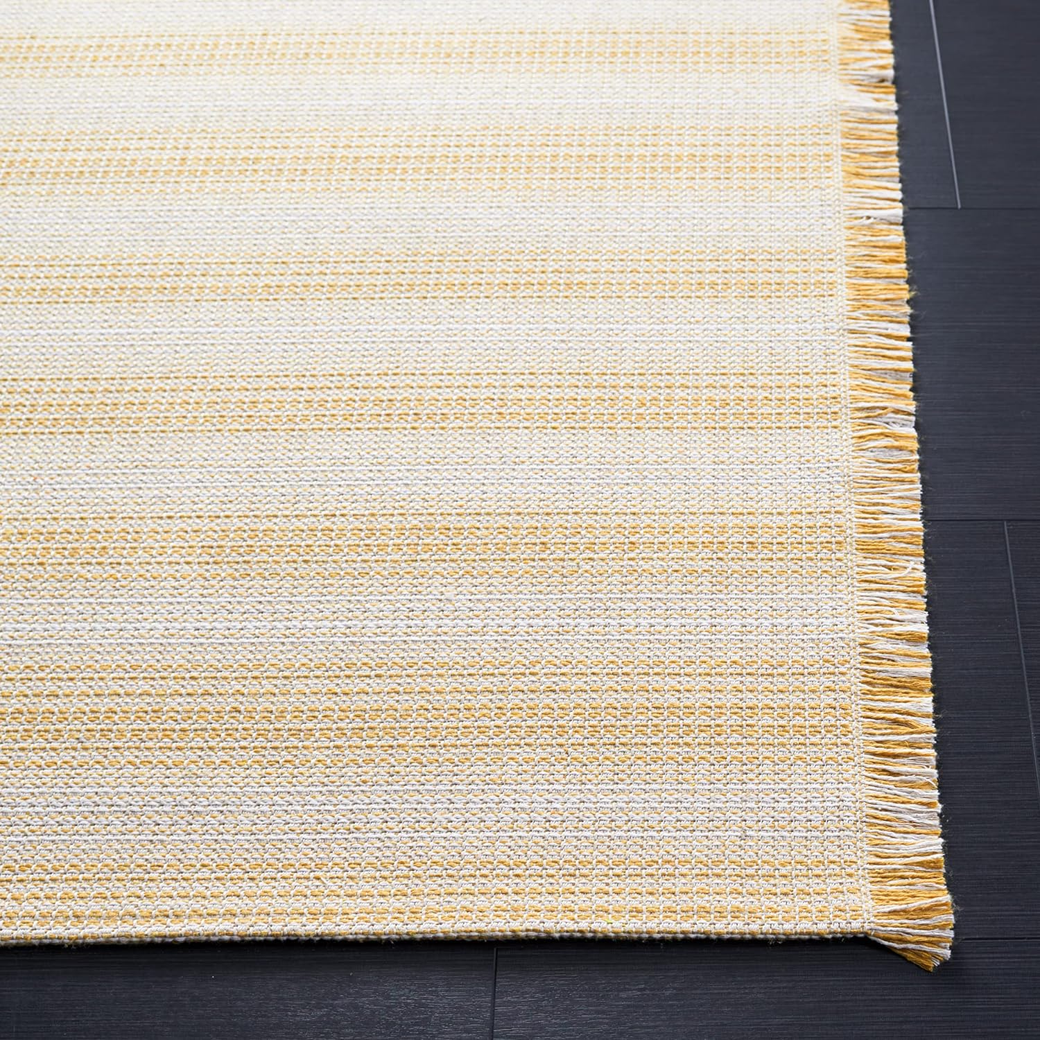 Augustine Collection Area Rug - 6'4" x 9'6"-  Ivory & Yellow, Cotton Stripe Fringe