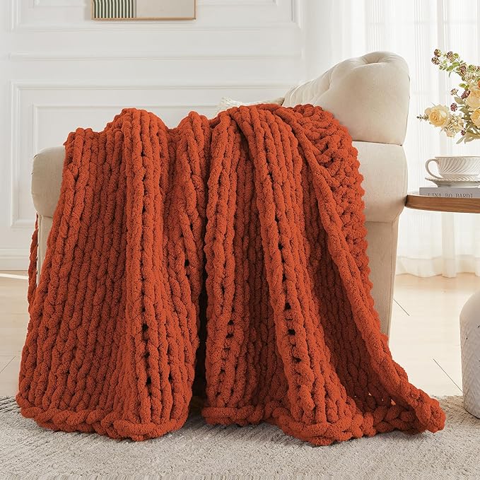 Chunky Knit Throw Blanket Twin, Rust