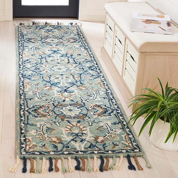 Blossom Collection 2' 3" x 14' Blue/Ivory BLM457M Handmade Premium Wool Tassel Runner Rug