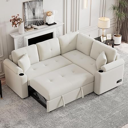 L-Shape Sofa Bed Pull-Out Sleeper Sofa with Wheels, USB Ports