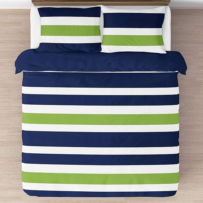 Navy Blue Lime Green and White Childrens Full/Queen Stripe Bedding