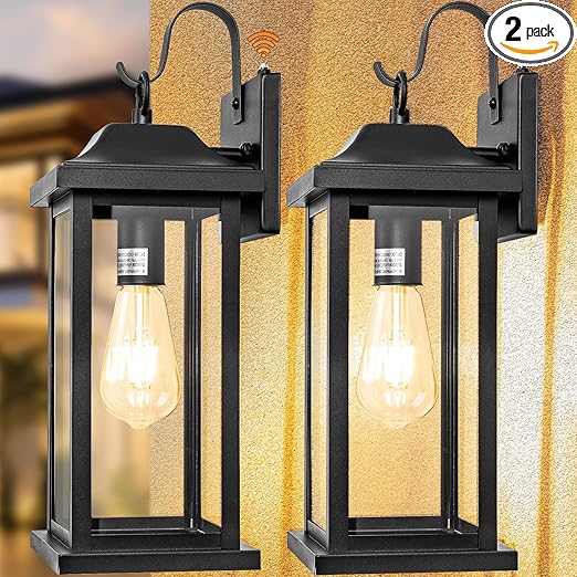 2-Pack Dusk to Dawn Large Outdoor Wall Lights, Exterior Light Fixtures Porch Lights Tempered Clear Glass, IP65 Waterproof Anti-Rust Outside Wall Sconces Matte Black Wall Lanterns