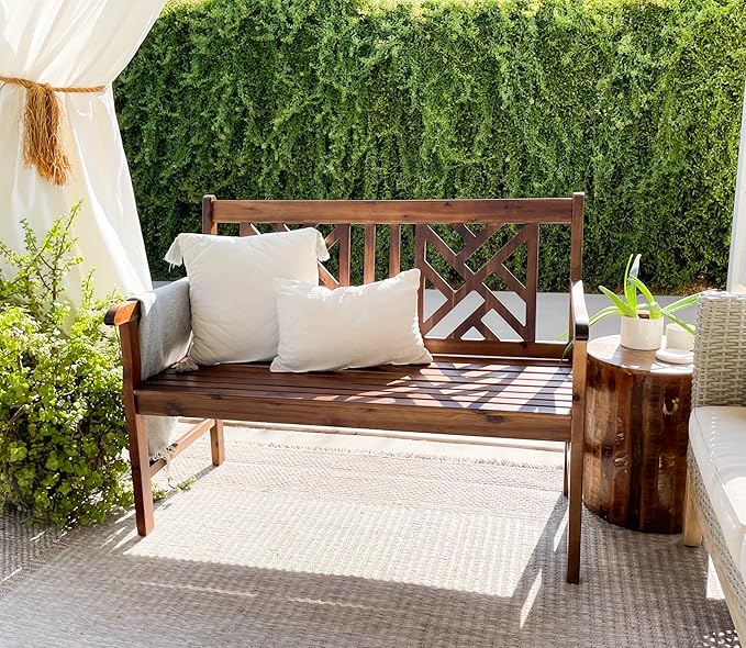 Outdoor Acacia Wood Garden Bench with Backrest and Armrest, 2-Person Slatted Seat
