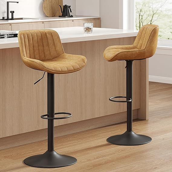 Bar Stools, Set of 2, Morden Faux Leather Counter Height Bar Stools with Back, Adjustable Swivel Stool Chair for Home Kitchen Island Pub, Black Powder Coated Base, Yellow