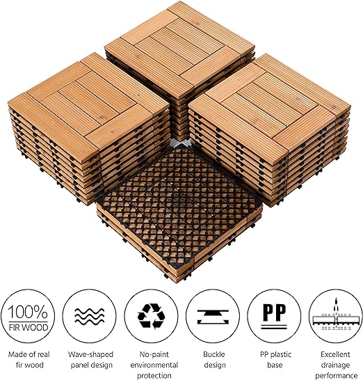 27PCS Natural Wood Deck Tiles Interlocking Patio Deck Tiles Solid Wood and Plastic Indoor&Outdoor