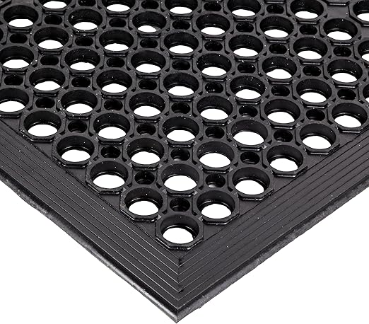 Lightweight Restaurant Rubber Floor Mat with Drainage Holes and Beveled Edges, Anti-Slip Mats, Black