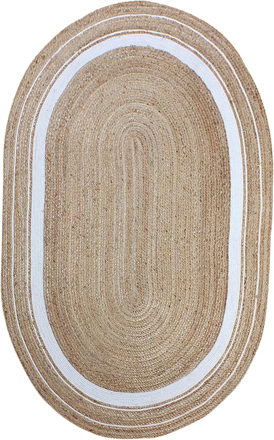 Geometric Collection Oval Area Rug - Beige and White Natural, Handmade Flat Weave Jute, Ideal for High Traffic Areas