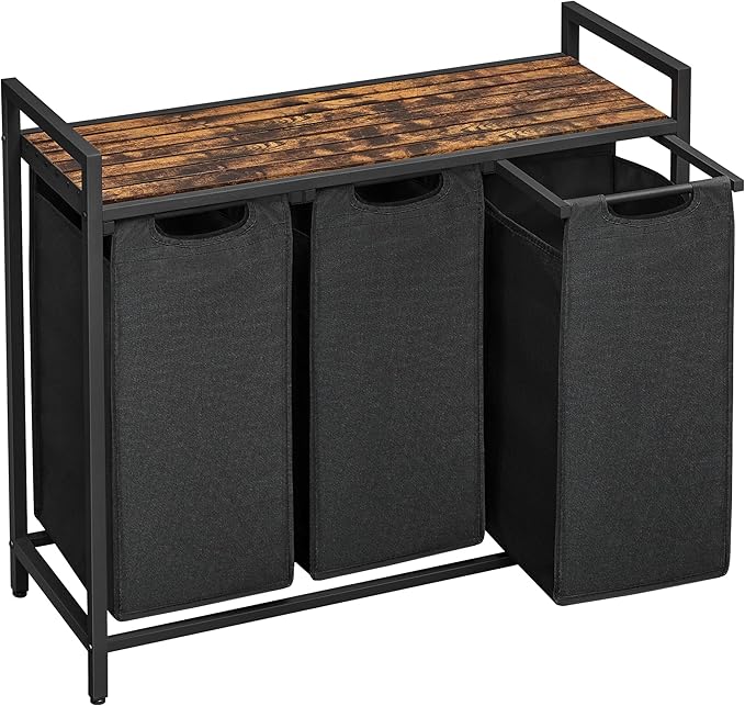 Laundry Hamper, Laundry Basket, Laundry Sorter with 3 Pull-Out and Removable Bags, Shelf, Metal Frame, Rustic Brown and Black