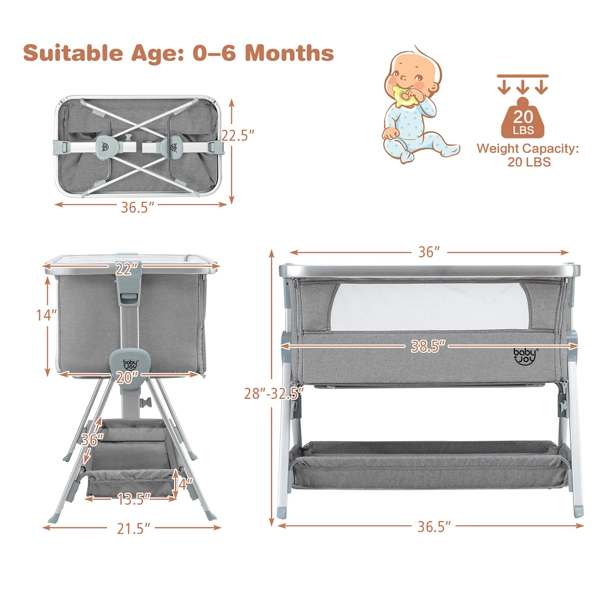 Baby Bed Side Crib Portable Adjustable Infant Travel Sleeper Bassinet Light Grey
