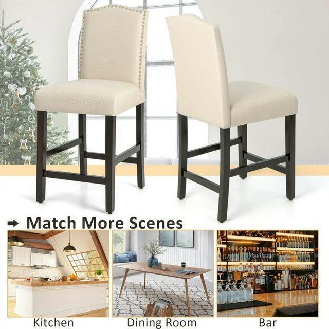 2 Pcs Fabric Nail Head Counter Height Dining Side Chairs Set-Beige, Bar Height Stools