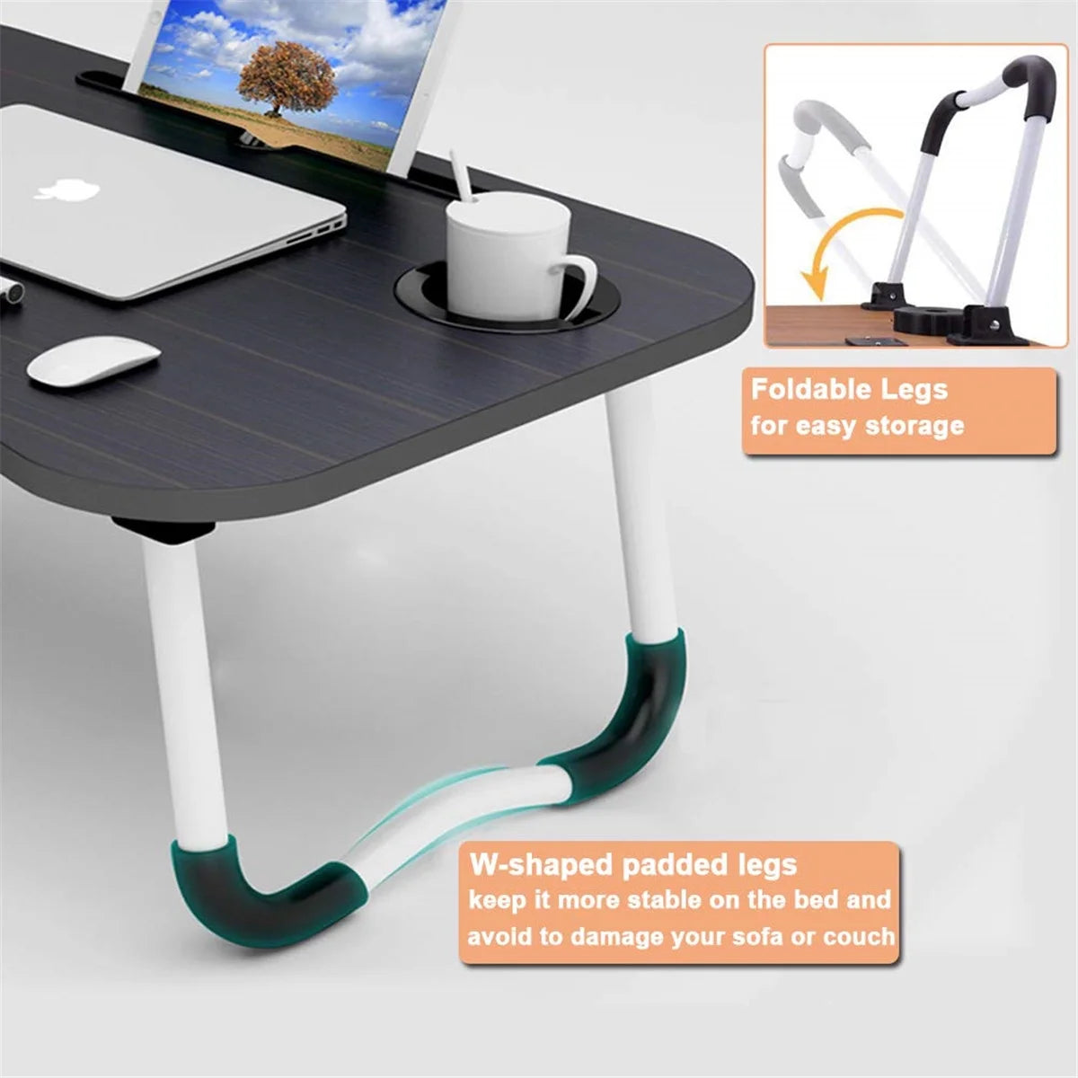 Foldable Lap Desk for Bed, Bed Tray Table with 4 USB Ports, Holder Slots, Cup Holder and Drawer, Laptop Desk Table with Mini Lamp, Fan, Portable Notebook Table Stand for Laptop, Tablet, Black