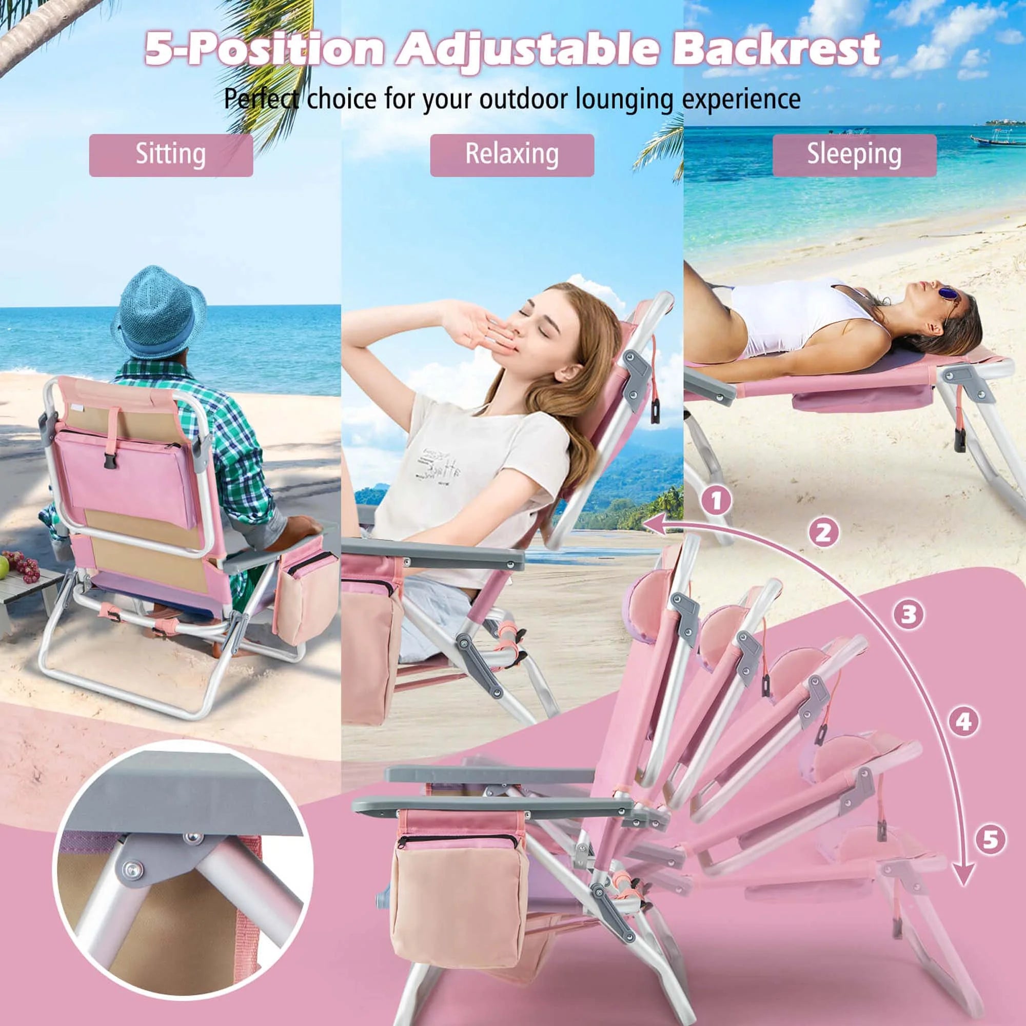 2-Pack Folding Backpack Beach Chair Table Set 5-Position Outdoor Reclining Chair Pink