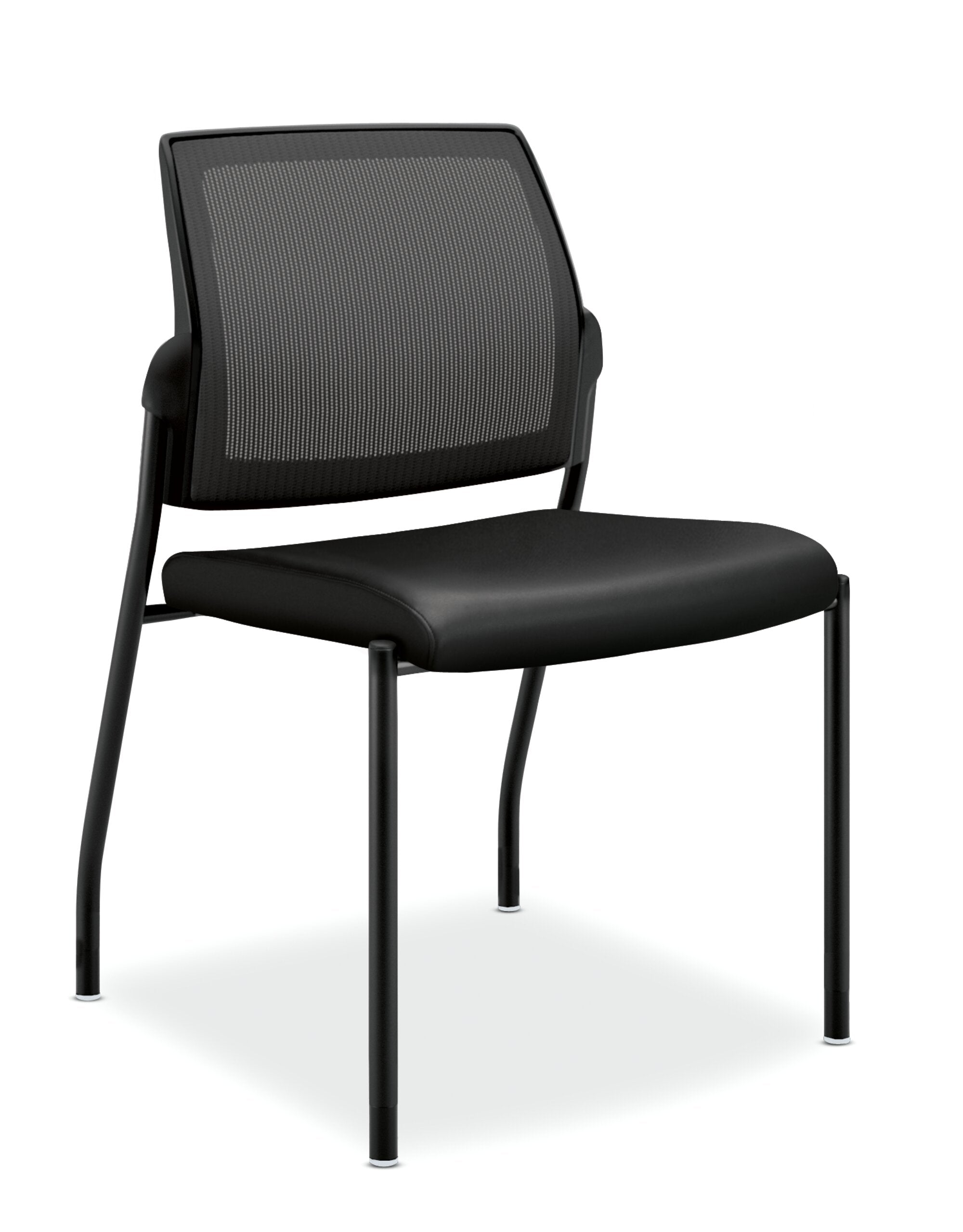 Mesh Back Multi-Purpose Stacking Chair | Armless | Glides | Black Frame | Black Leather