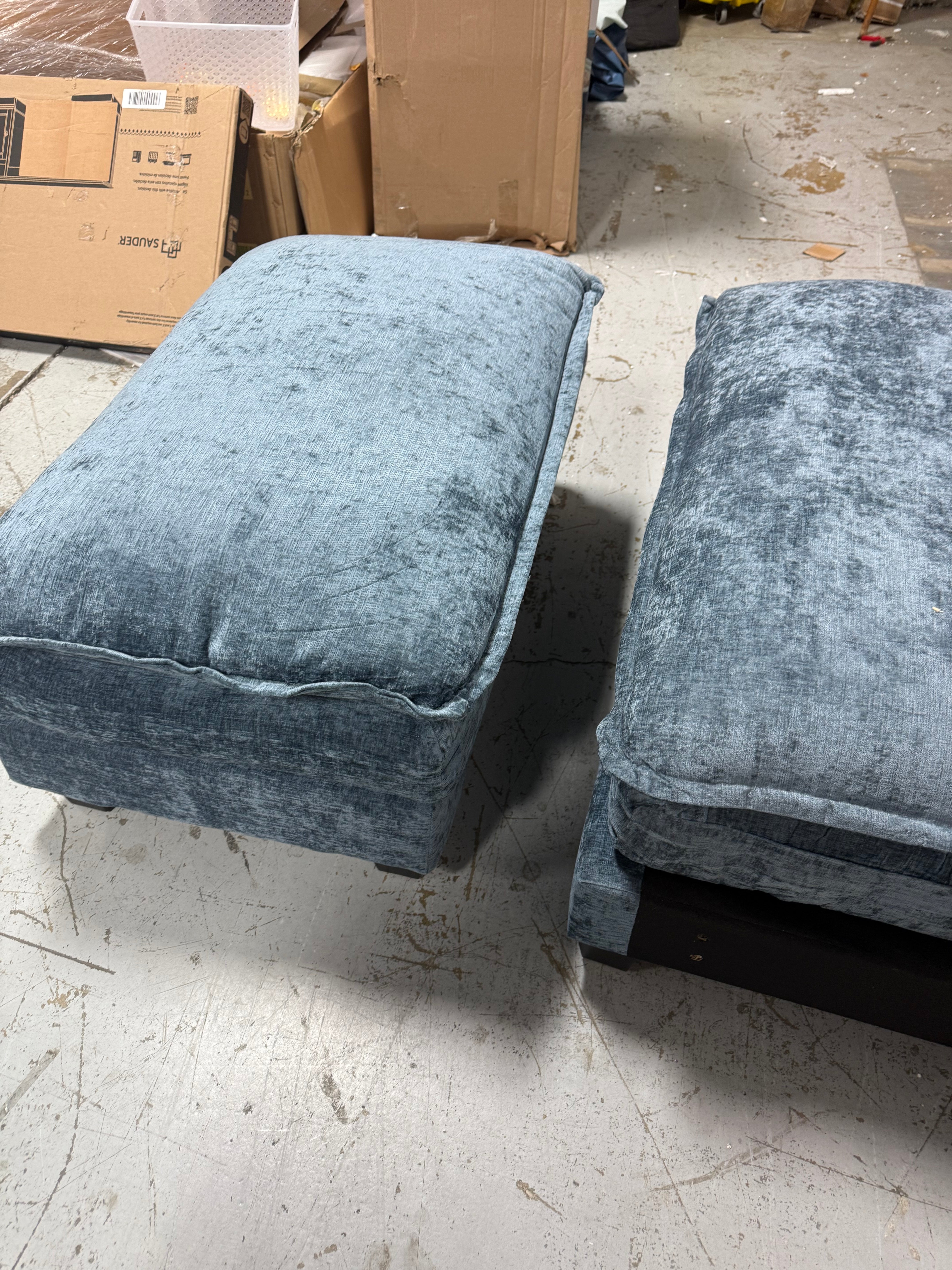 Blue Velvet Ottoman and Armless Chair