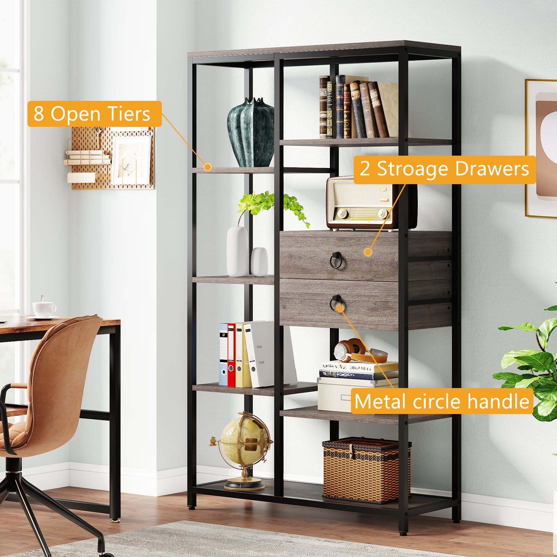 Bookshelf, 5 Shelf Etagere Bookcase with 2 Drawers
