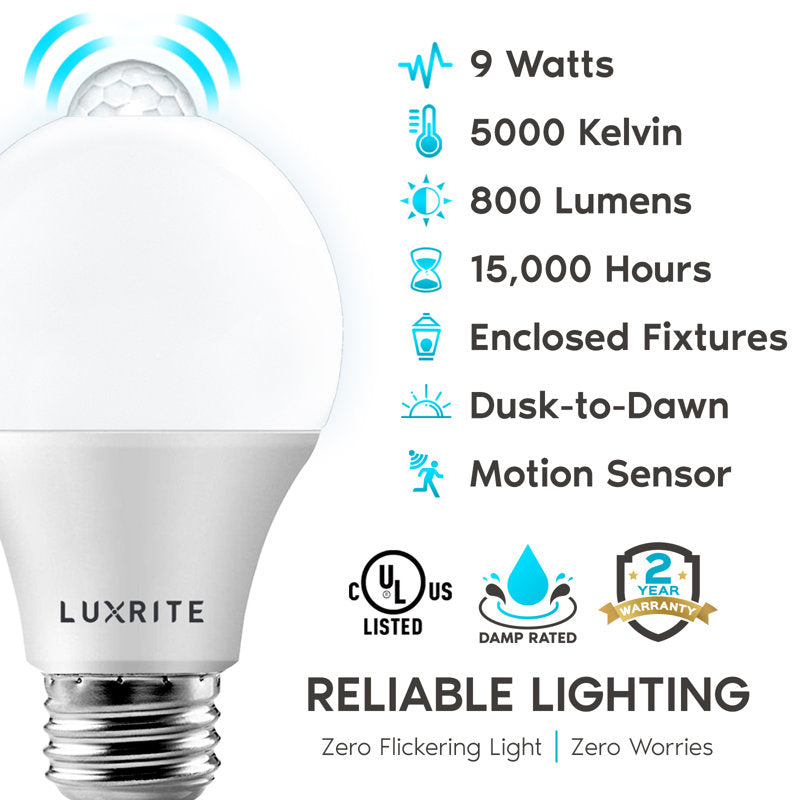 A19 LED, Motion Sensor Light Bulb, E26/Medium (Standard) Base (Set of 2)