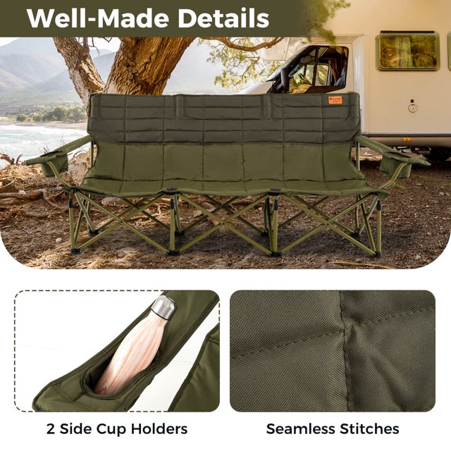 3 Person Foldable Camping Chair with 2 Cup Holders, Green