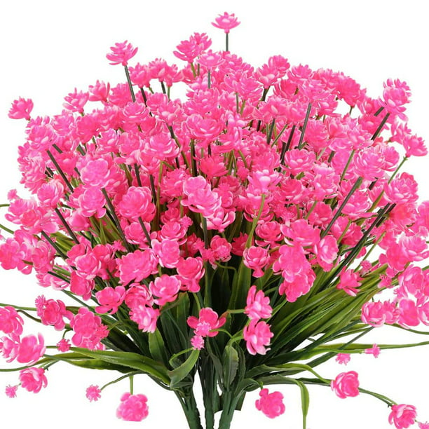 4 Bundles Artificial Flowers Outdoor, UV Resistant Fake Flowers No Fade Plastic Flowers Faux Greenery Shrubs Plants Indoor Outside Hanging Planter Home Garden Decor(Rose)