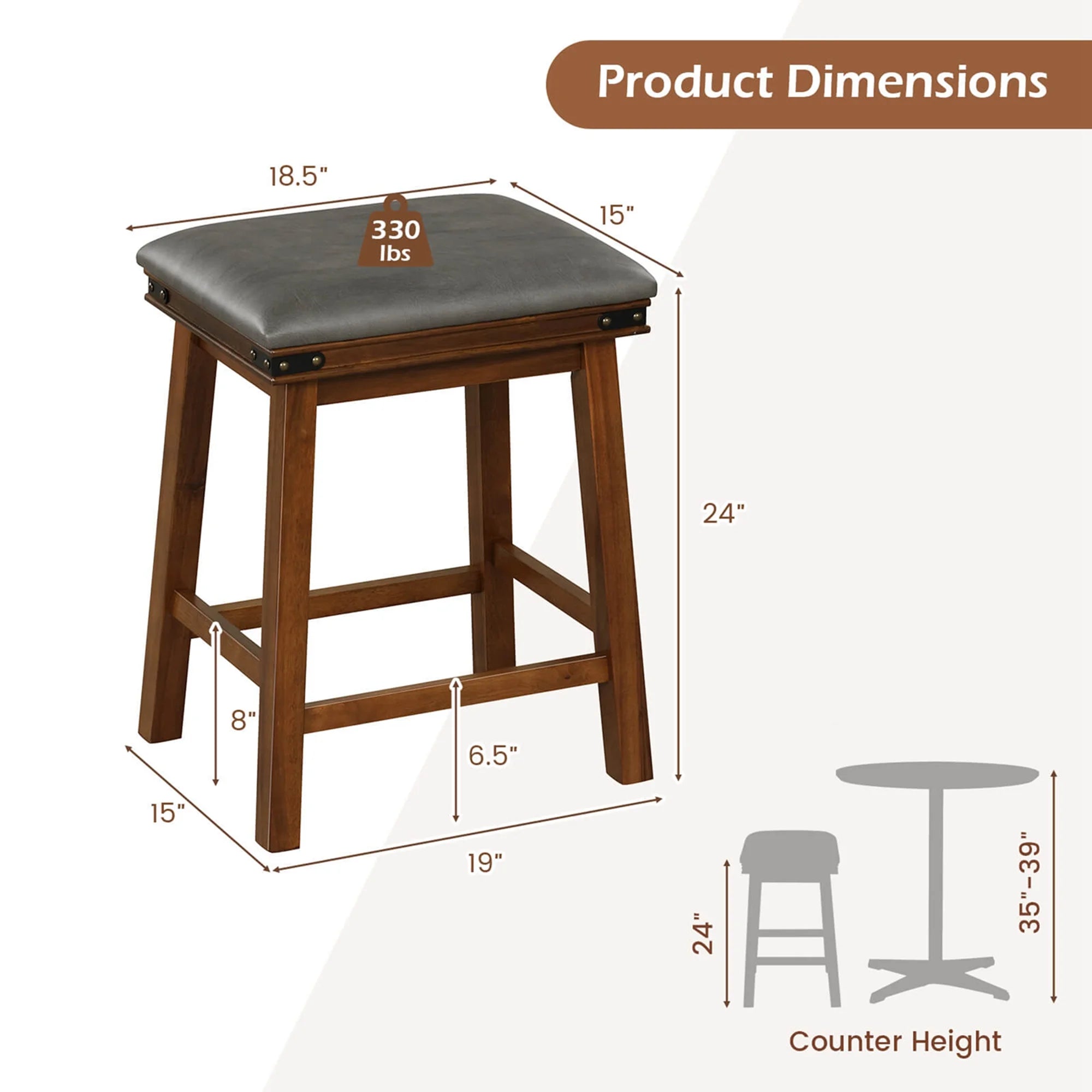 Dining Bar Stool 1-Piece Counter Height Padded Seat Wood Frame Kitchen Brown