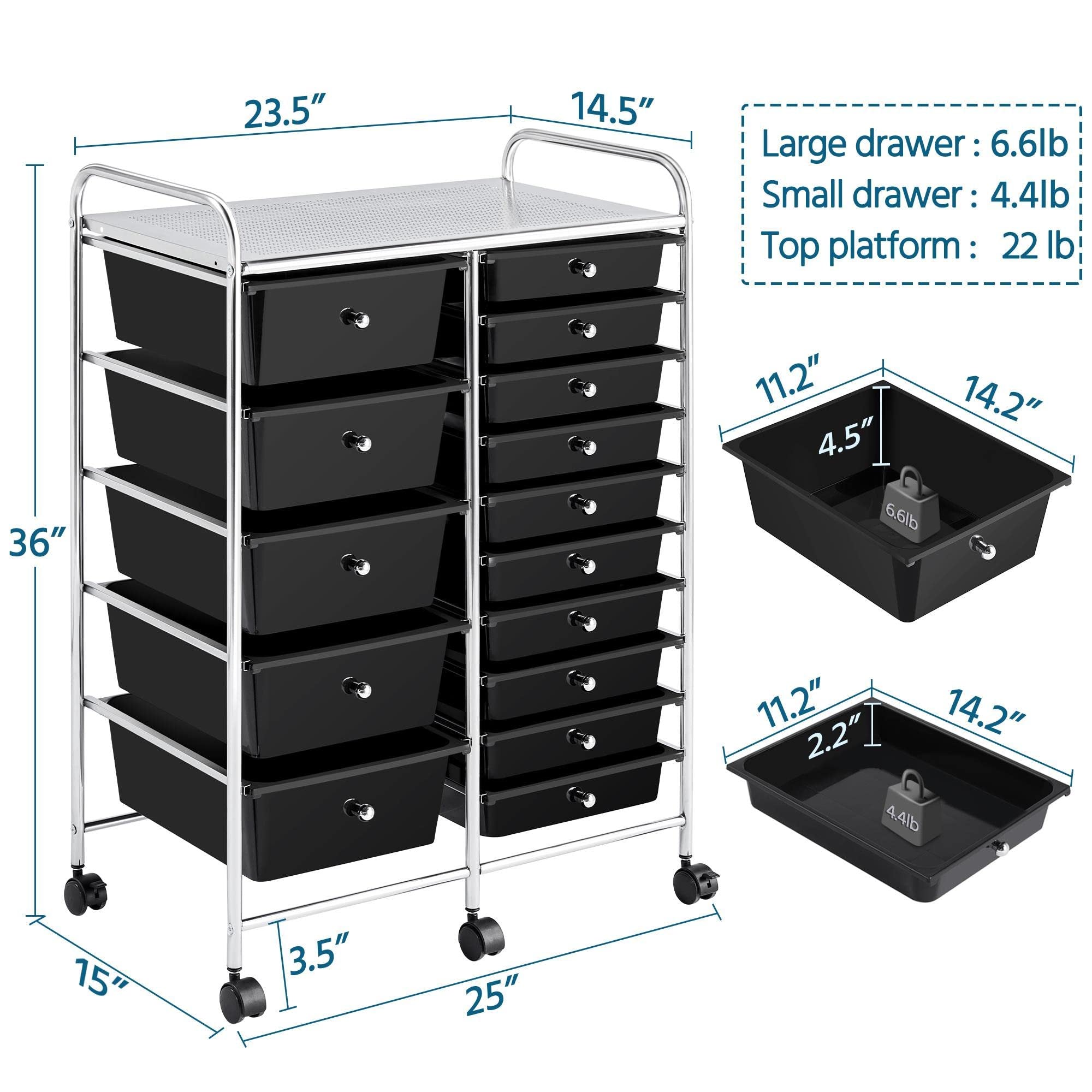 15 Drawers Rolling Storage Cart Multipurpose Mobile Rolling Utility Storage Organizer Cart Tools Scrapbook Paper Organizer on Wheels, Black