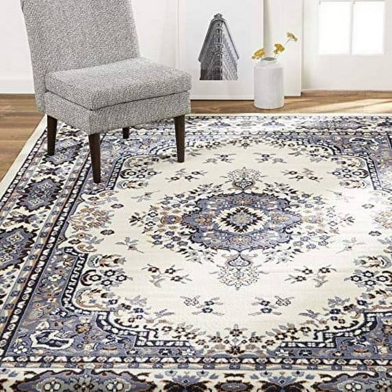 Premium Sakarya Traditional Medallion Area Rug, Ivory/Blue, 21"x35"