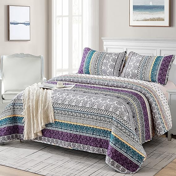 Boho Quilt Set King, Purple Bohemian 3 Pieces Quilt Sets, Lightweight Summer Bedspread Coverlet Bedding Set for All Season (103"x90")