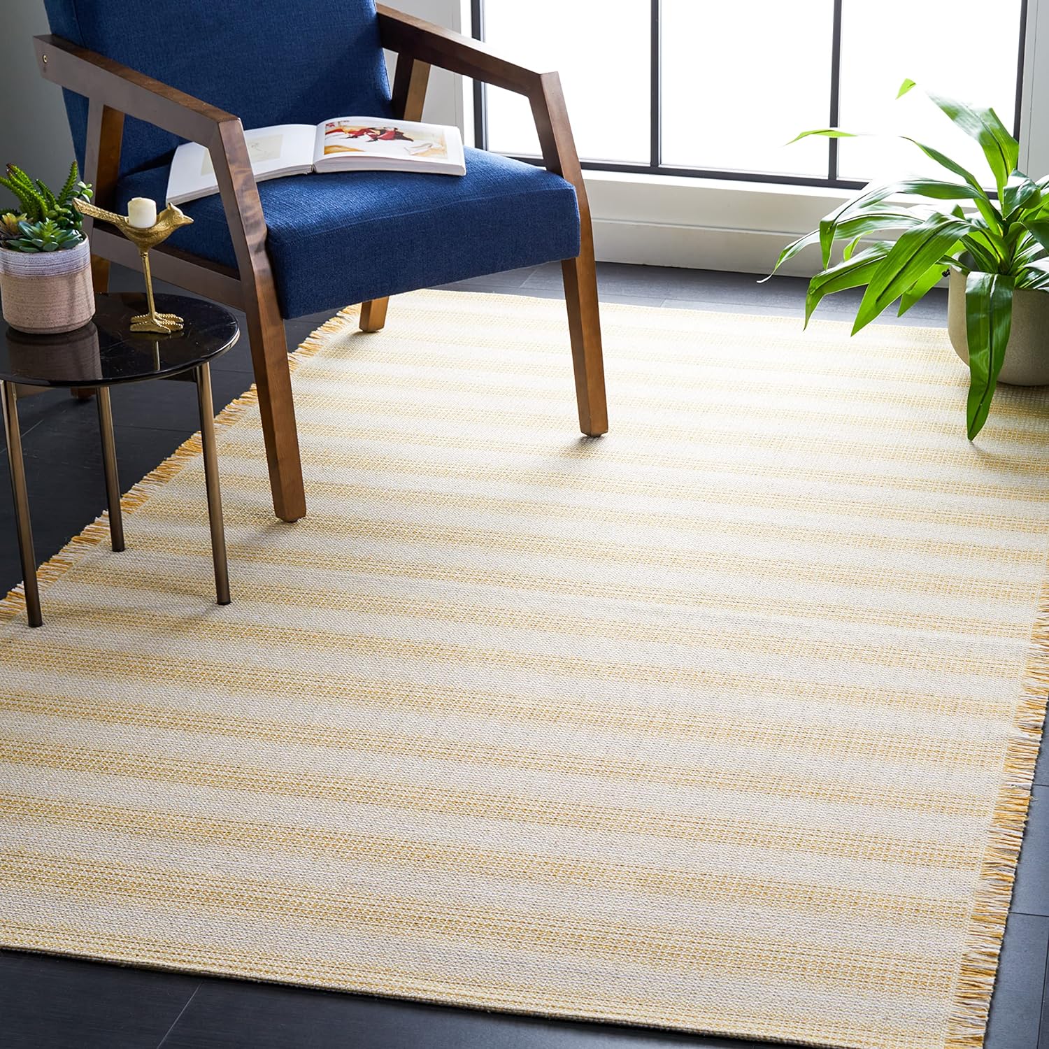 Augustine Collection Area Rug - 6'4" x 9'6"-  Ivory & Yellow, Cotton Stripe Fringe