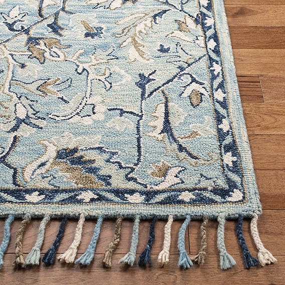 Blossom Collection 2' 3" x 14' Blue/Ivory BLM457M Handmade Premium Wool Tassel Runner Rug