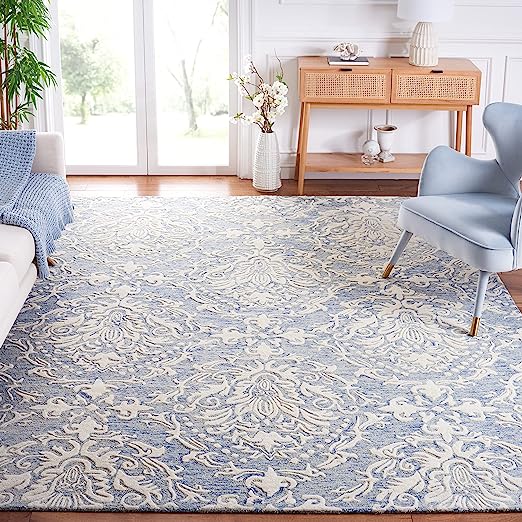 Blossom Collection Area Rug - 8' x 10' Square, Blue & Ivory, Handmade Wool, Ideal for High Traffic Areas in Living Room, Bedroom