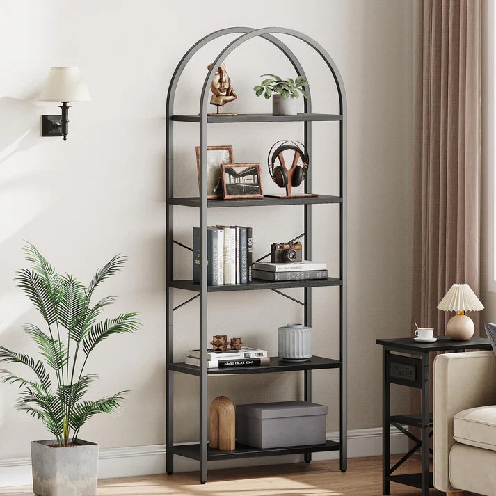 Arched Bookshelf 5-Tier Open Storage Shelves, Black