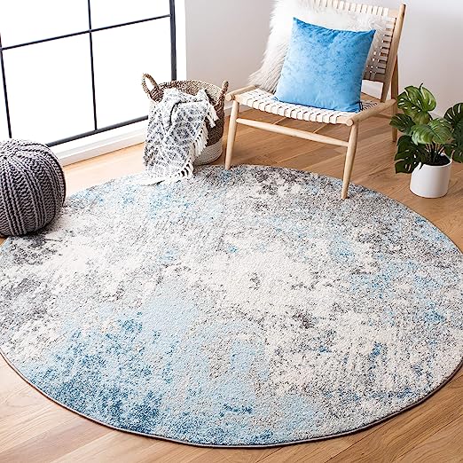 6'7" Round Grey/Blue Modern Abstract Non-Shedding Dining Room Entryway Foyer Living Room Bedroom Area Rug