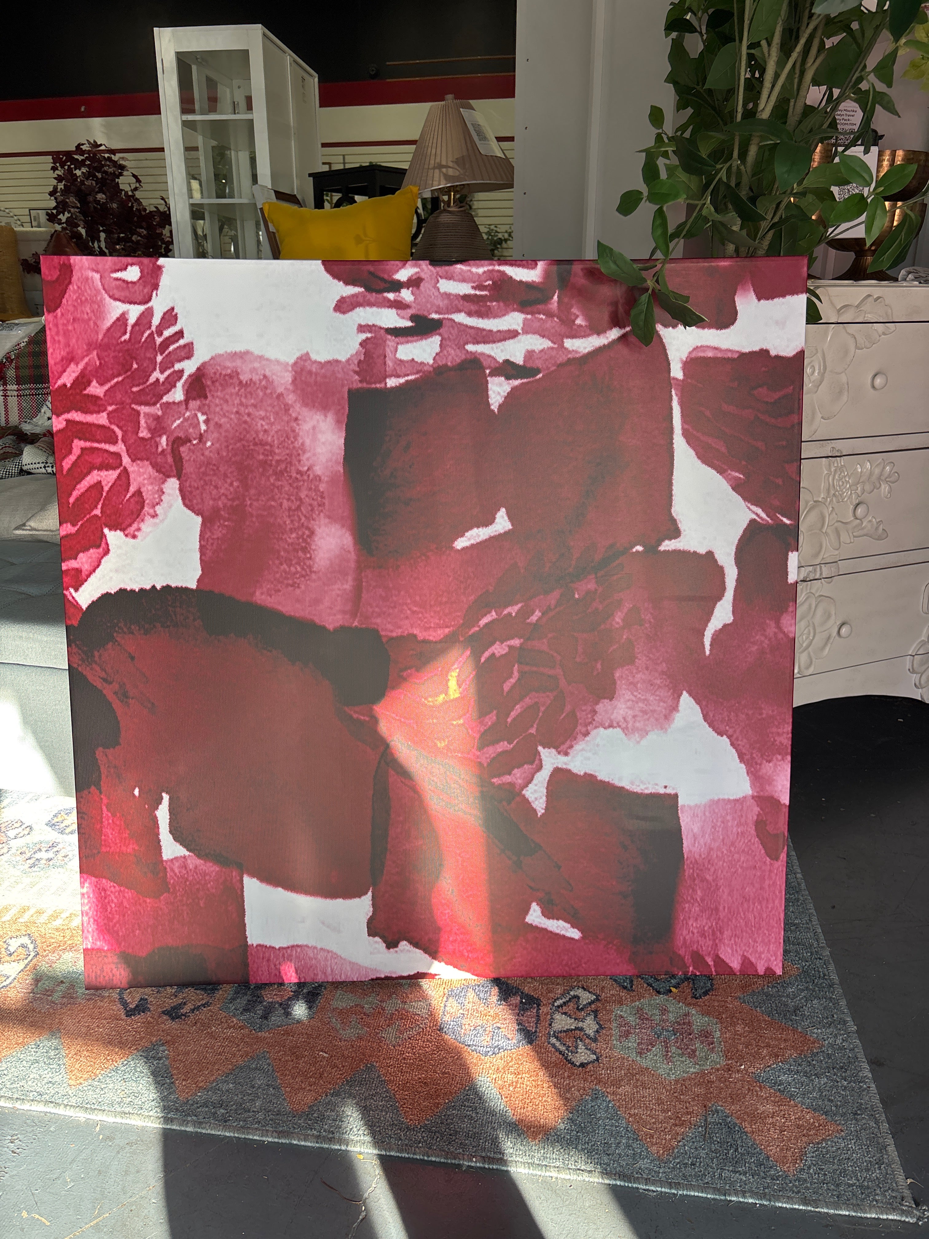 36"x36" " Abstract Burgundy Strokes On White " SHOWROOM ITEM