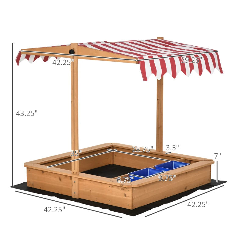 Outsunny Kids Wooden Sandbox with Adjustable Height Cover and Toy Bin Storage