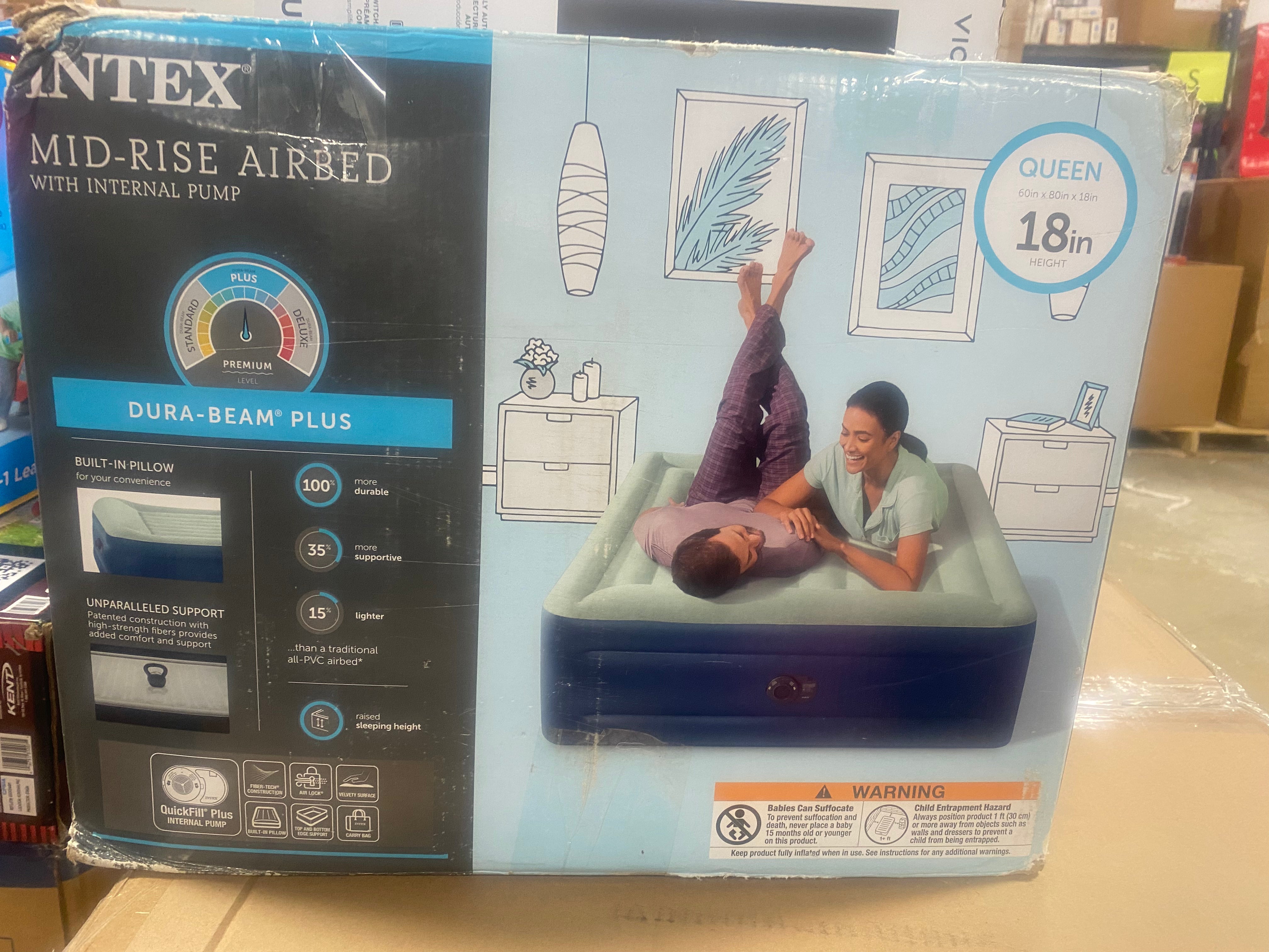 Elevated Pillow Rest Air Mattress with Internal Pump - Off-White/Blue - Queen