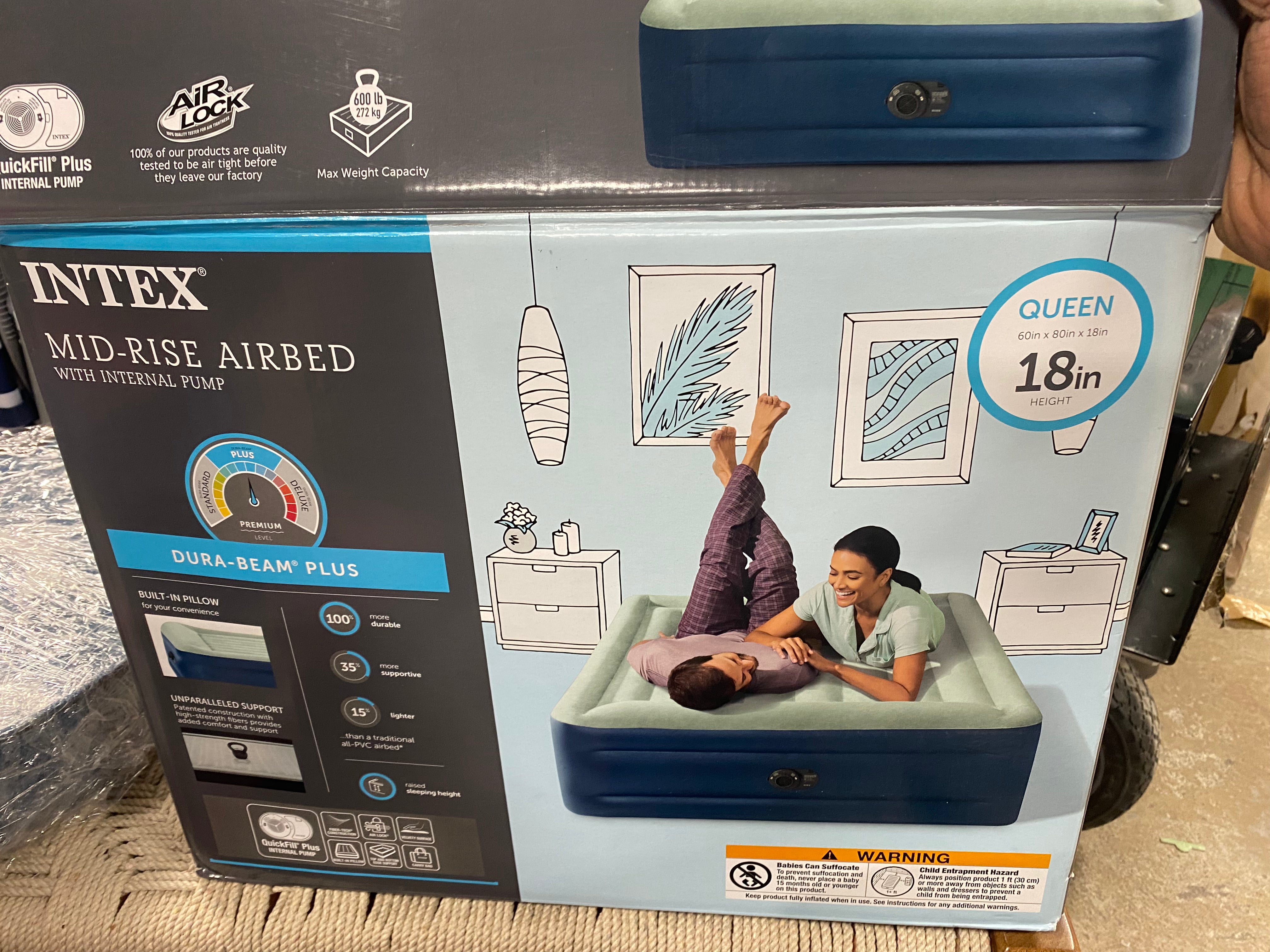 Elevated Pillow Rest Queen Air Mattress with Internal Pump - Off-White/Blue