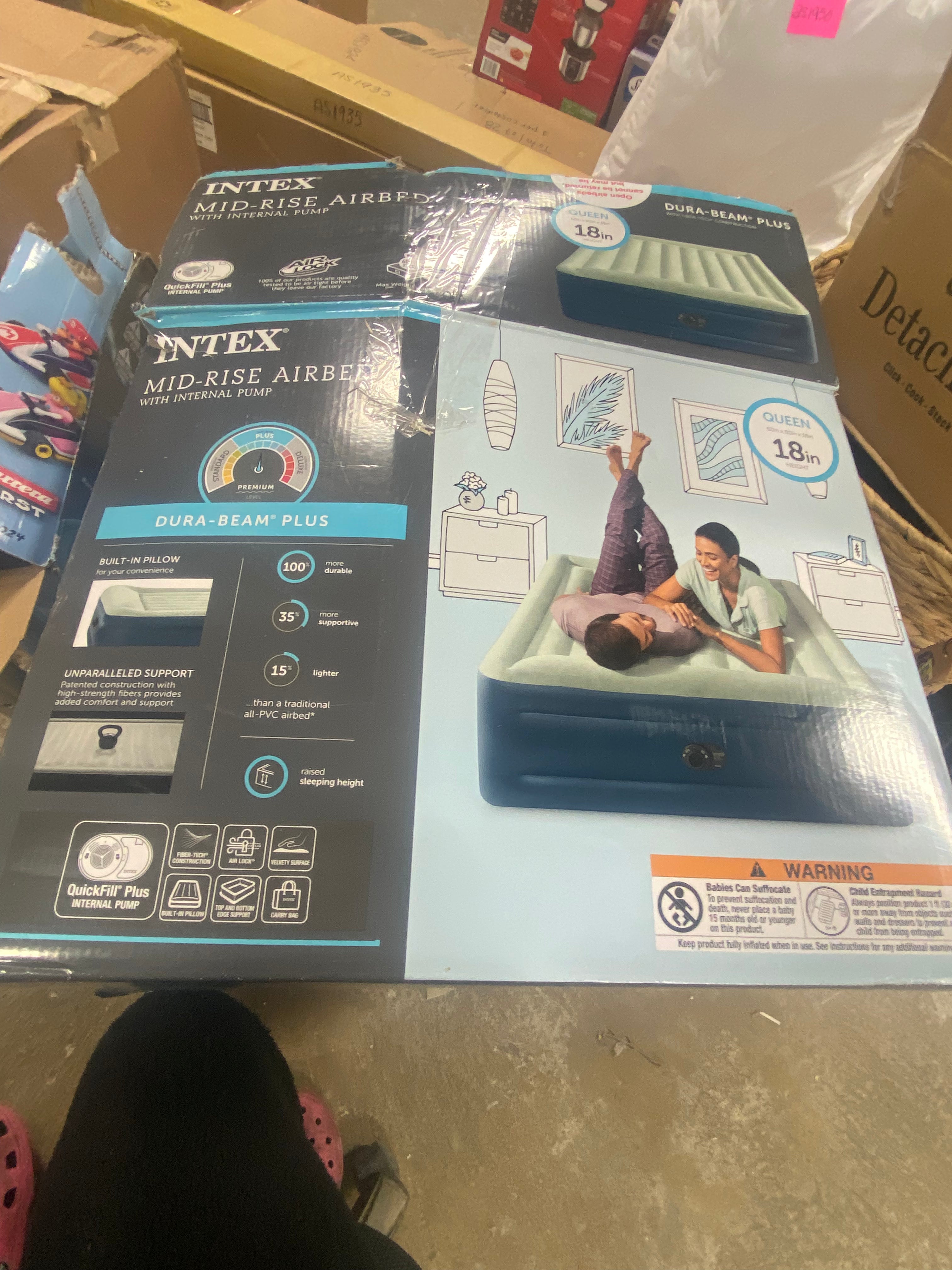 Elevated Pillow Rest Queen Air Mattress with Internal Pump - Off-White/Blue