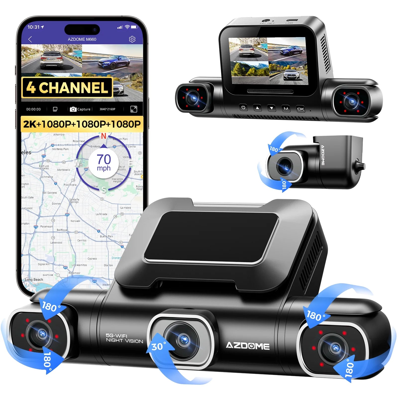 4 Channel 360° Dash Cam Front Rear Inside with 128GB eMMC, 2K+1080P*3 Dashcam 5G WiFi Dash Camera for Cars, IR Night Vision, Smart Voice Control, Parking Mode, Fatigue Driving Reminder M660
