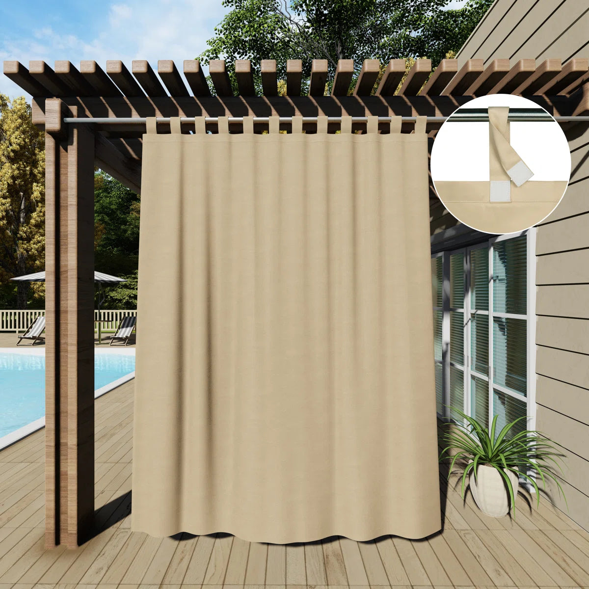 Abba Solid Detachable Sticky Tab Top Waterproof Black Out Pergola Outdoor Curtain Single Panel