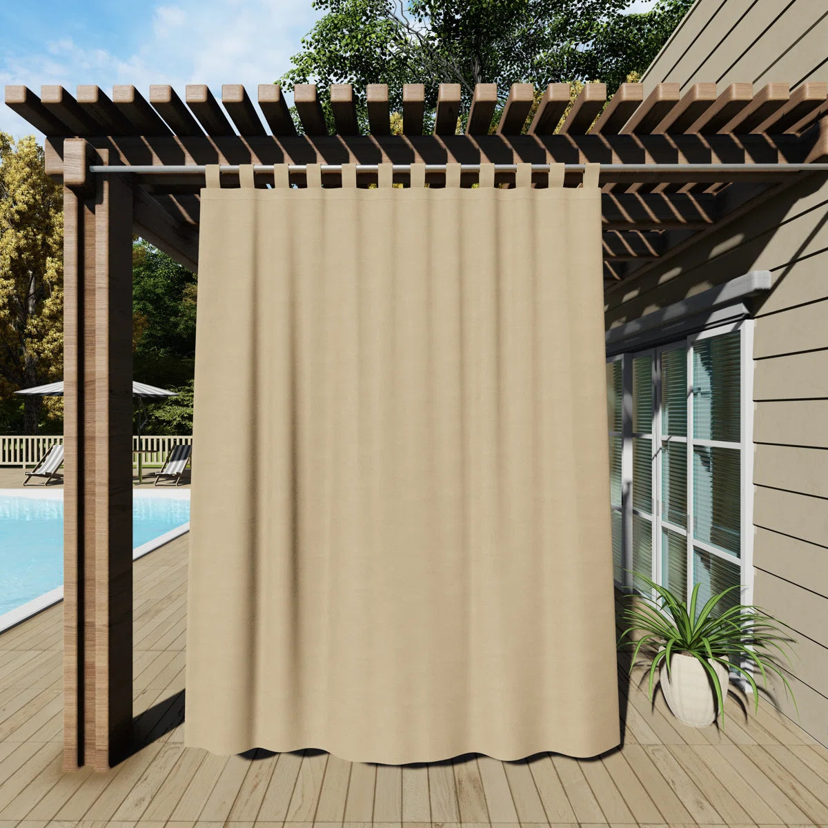 Abba Solid Detachable Sticky Tab Top Waterproof Black Out Pergola Outdoor Curtain Single Panel