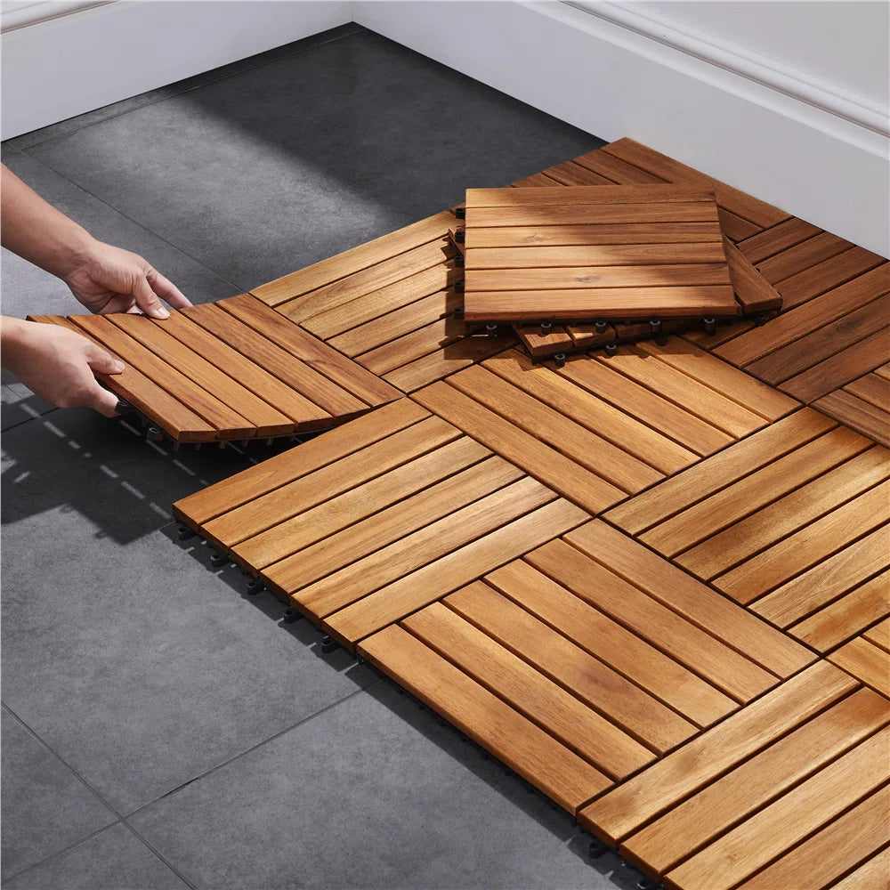 Acacia Natural Wood Interlocking Deck Tiles (Set of 27)