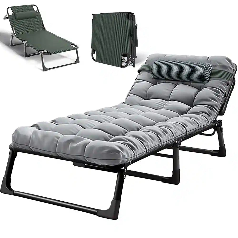 Adjustable 4-Position Folding Lounge Chair, Camping Cot Bed with Pillow & Thicked Mattress