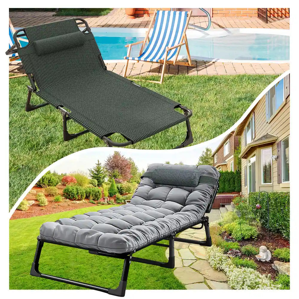 Adjustable 4-Position Folding Lounge Chair, Camping Cot Bed with Pillow & Thicked Mattress