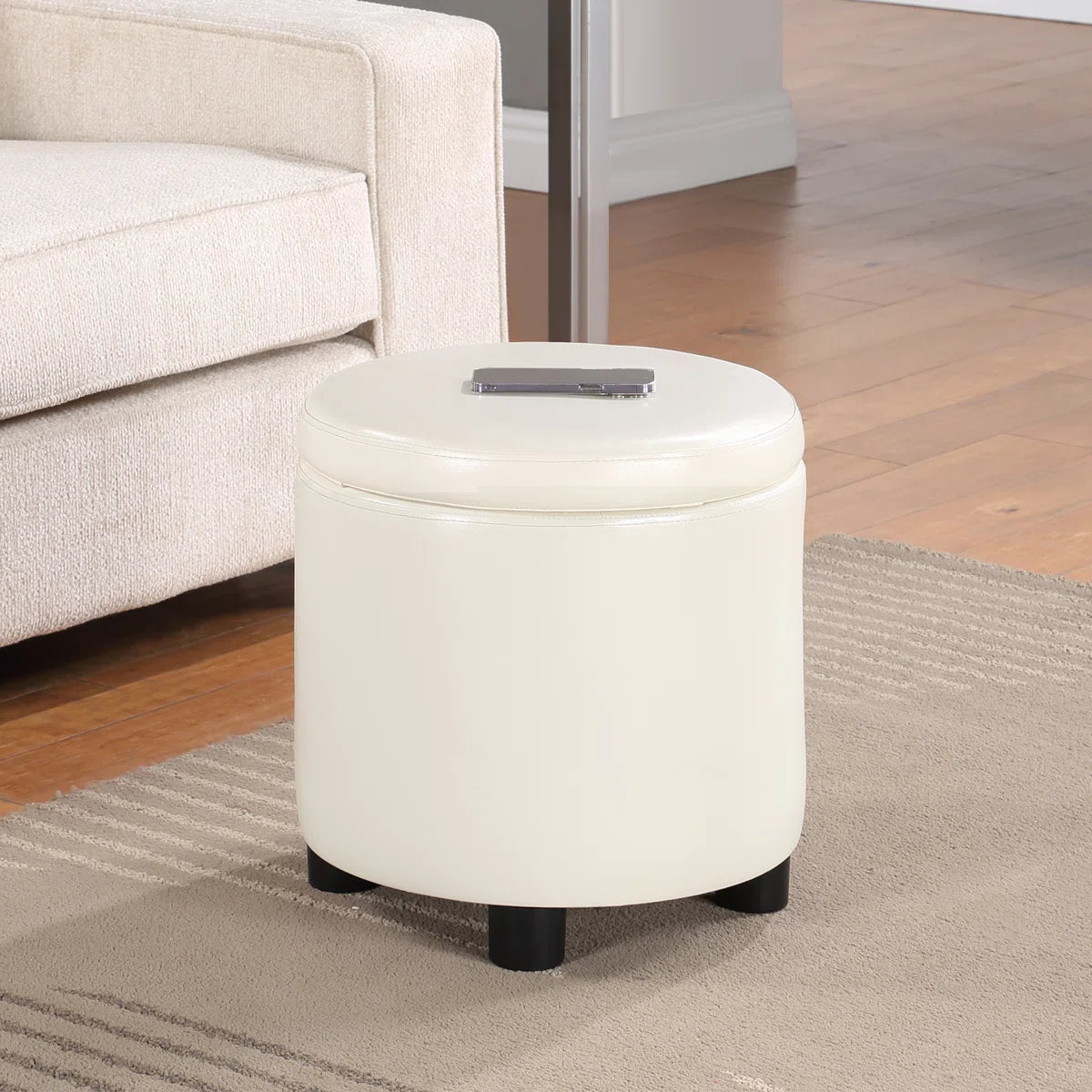 Ahl Arsy 15.75'' Wide Faux Leather Round Storage Ottoman - SHOWROOM ITEM 
