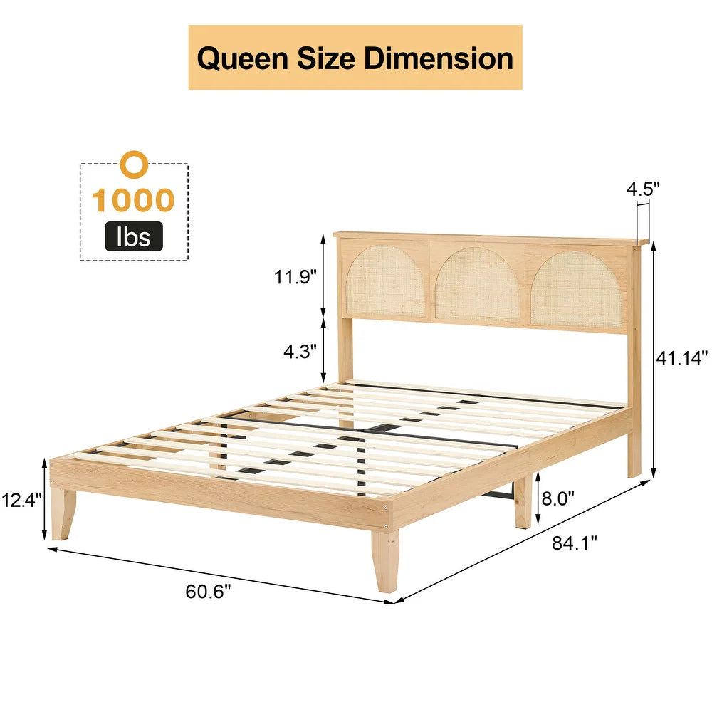 Ail Modern Wooden Platform Bed Frame Queen Size with Natural Rattan Headboard - Queen