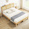 Ail Modern Wooden Platform Bed Frame Queen Size with Natural Rattan Headboard - Queen