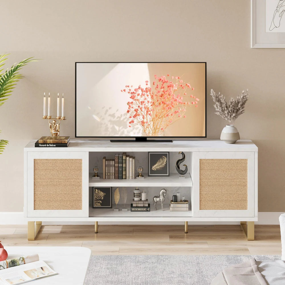 Rattan TV Stand White Entertainment Center Modern TV Console (no further discounts)