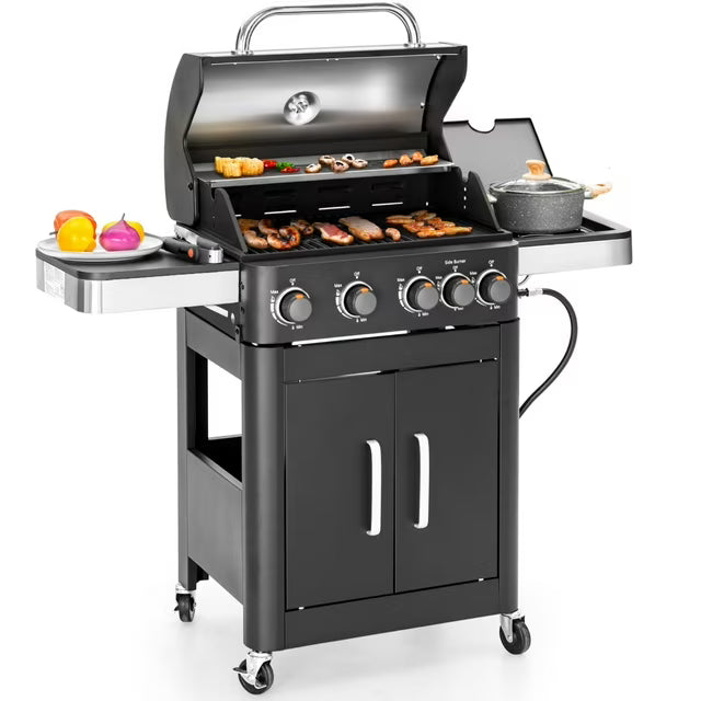 4-Burner Propane Gas Grill and Griddle Combo with Side Burner in Black